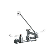Chrome wall-mount faucet with dual wristblade handles, bucket hook spout, and wall inlet connections.