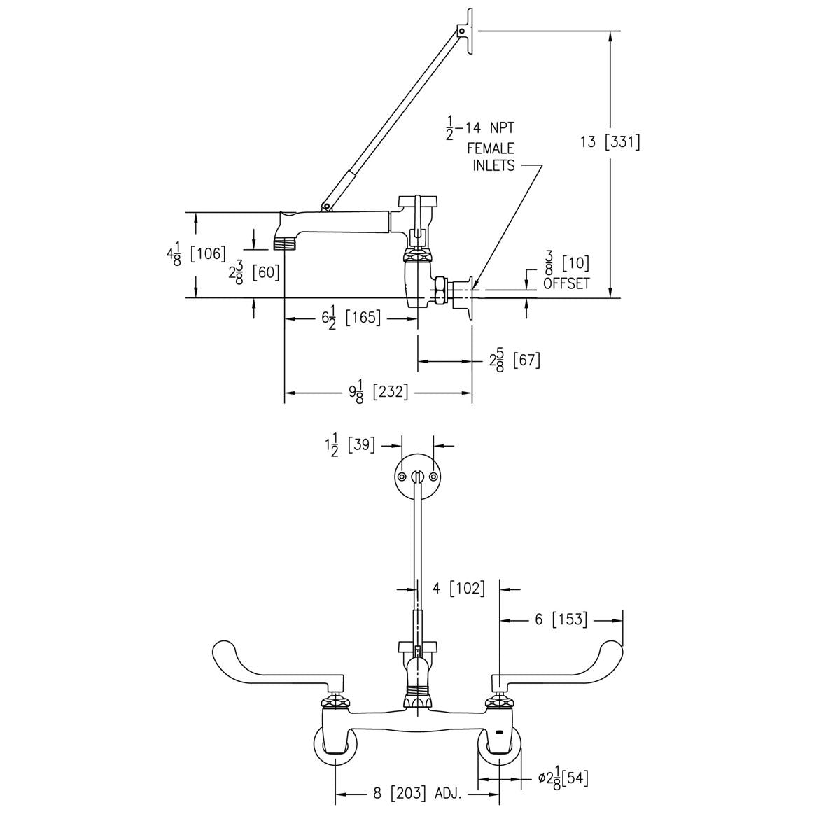 Chrome wall mount faucet with curved bucket hook spout and two wristblade handles, shown in technical schematic with dimensio
