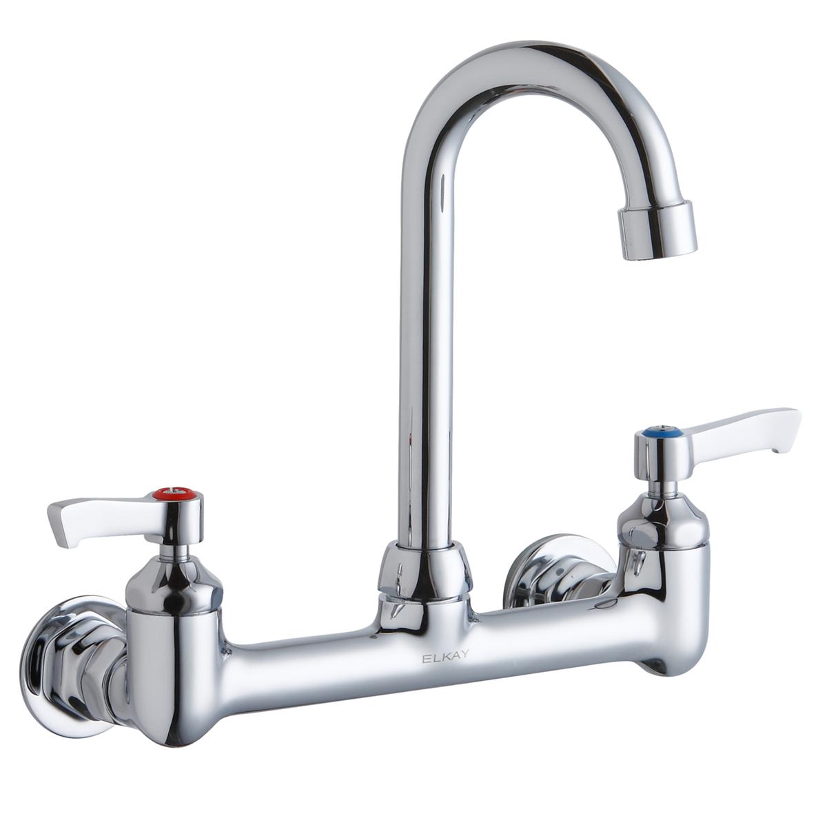 Chrome wall-mount faucet with gooseneck spout, two lever handles with red and blue indicators, and wall flanges.