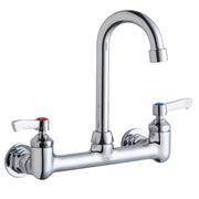 Chrome wall-mount faucet with gooseneck spout, two lever handles with red and blue indicators, and wall flanges.