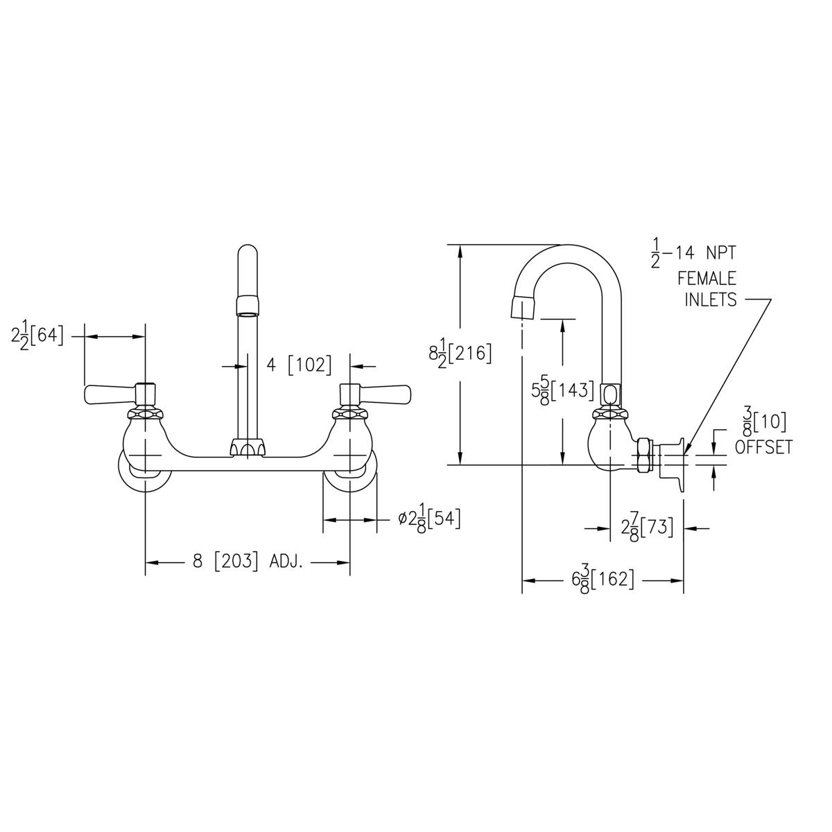 Wall-mount faucet with gooseneck spout, lever handles, and dimensional specifications for centerset installation.