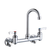 Chrome wall-mounted faucet with gooseneck spout and two lever handles for hot and cold water control.