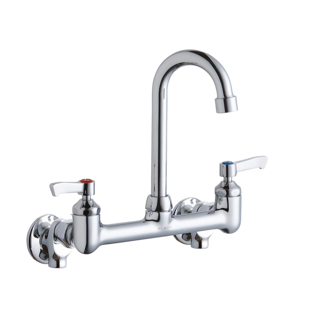 Chrome wall-mounted faucet with gooseneck spout and two lever handles for hot and cold water control.
