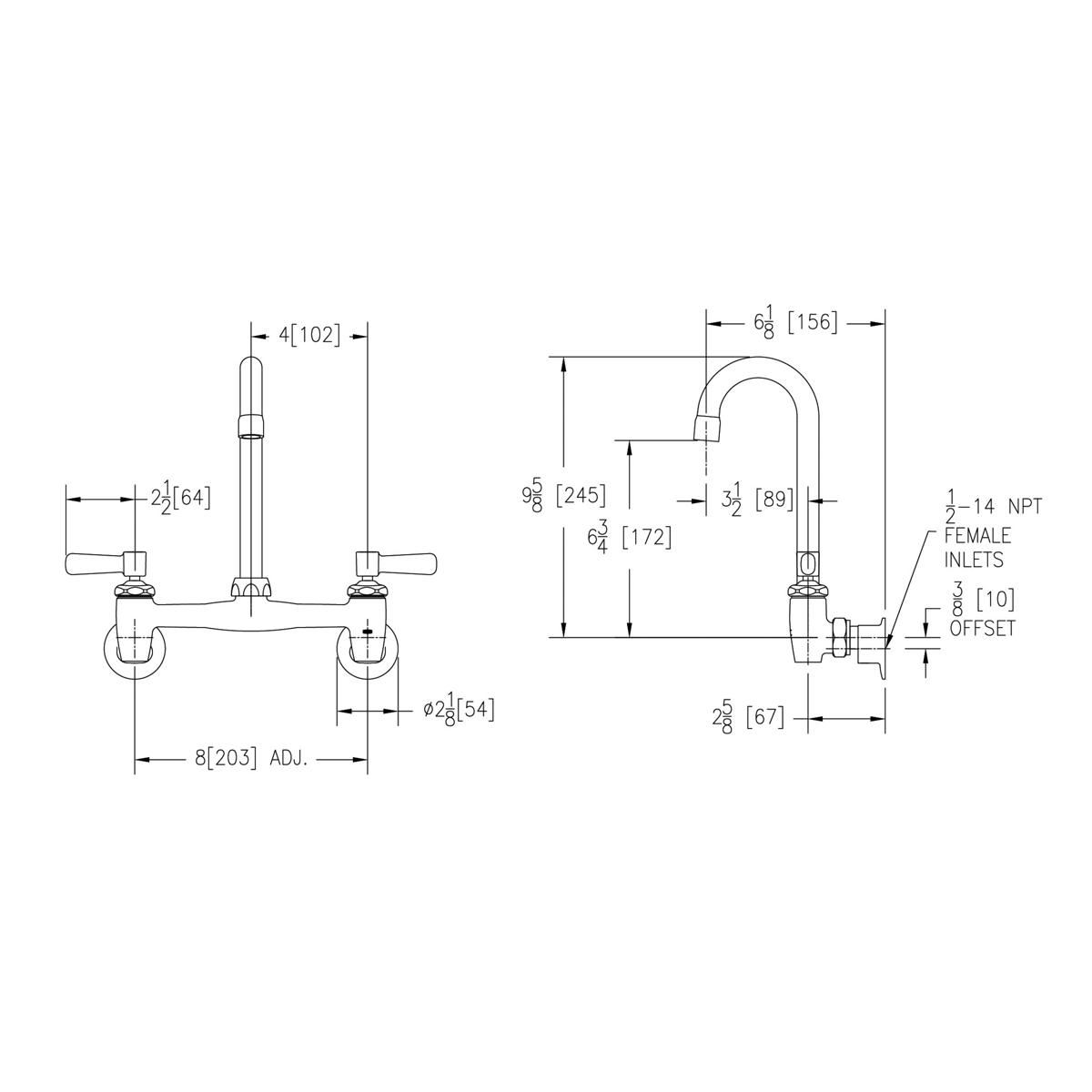 Wall-mounted faucet with gooseneck spout, two lever handles, and technical dimension specifications shown in engineering draw