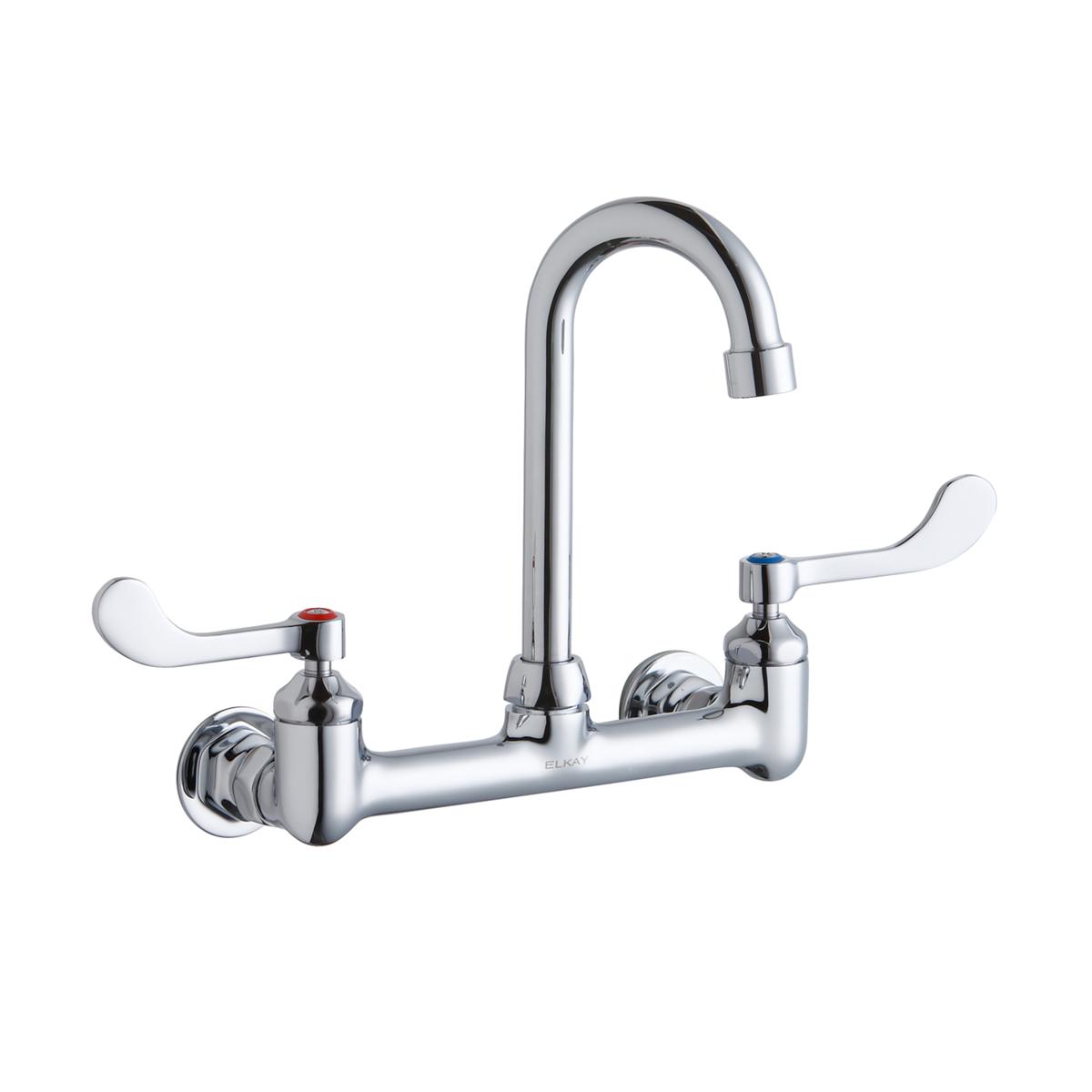 Elkay chrome wall-mount faucet with gooseneck spout and white wristblade handles on both sides.