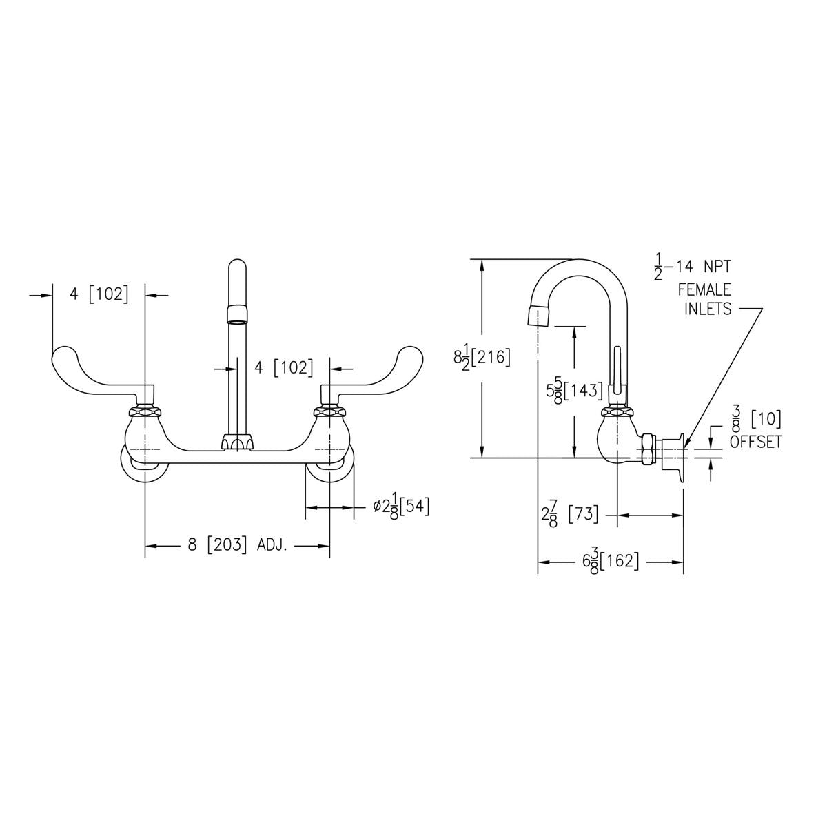 Wall-mounted faucet with gooseneck spout, wristblade handles, and technical dimension specifications shown.