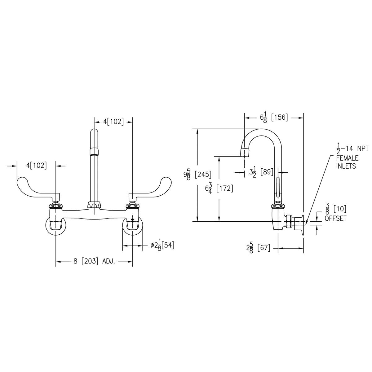 Technical drawing of wall-mounted faucet with gooseneck spout, wristblade handles, and offset inlet connections shown in fron