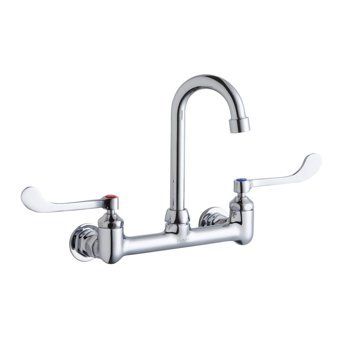 Chrome wall-mount faucet with gooseneck spout and white wristblade handles.