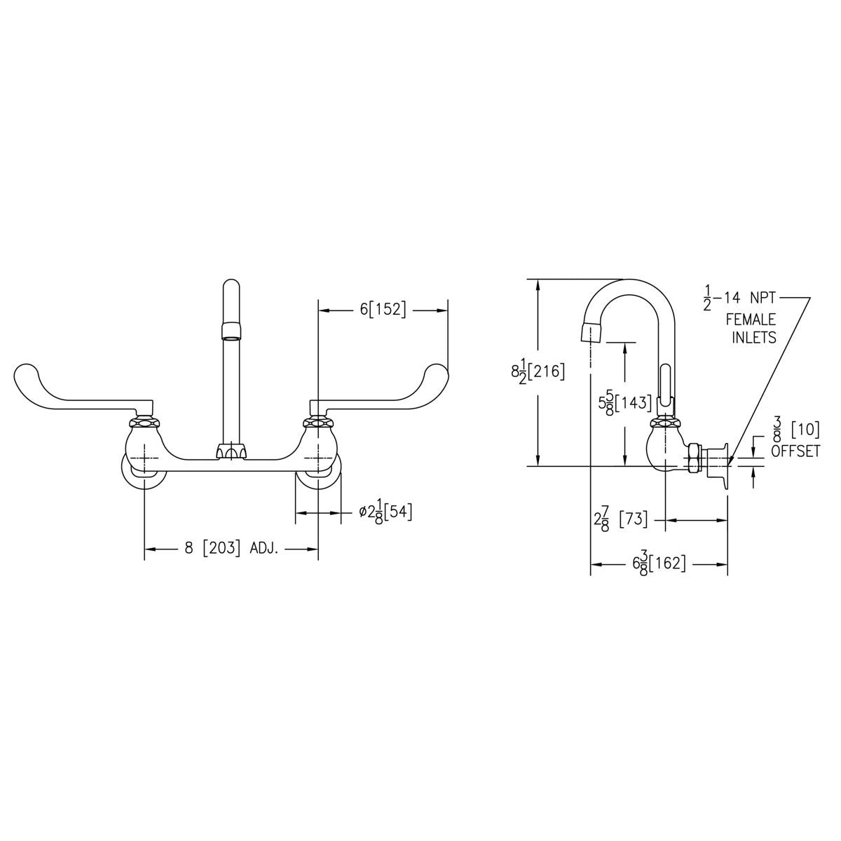 Wall-mounted faucet with gooseneck spout, wristblade handles, and dimensional specifications shown in technical schematic.