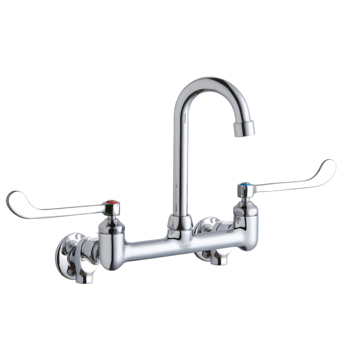 Chrome wall-mounted faucet with curved gooseneck spout and two wristblade handles for handwashing or scrubbing.