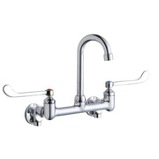 Chrome wall-mounted faucet with curved gooseneck spout and two wristblade handles for handwashing or scrubbing.