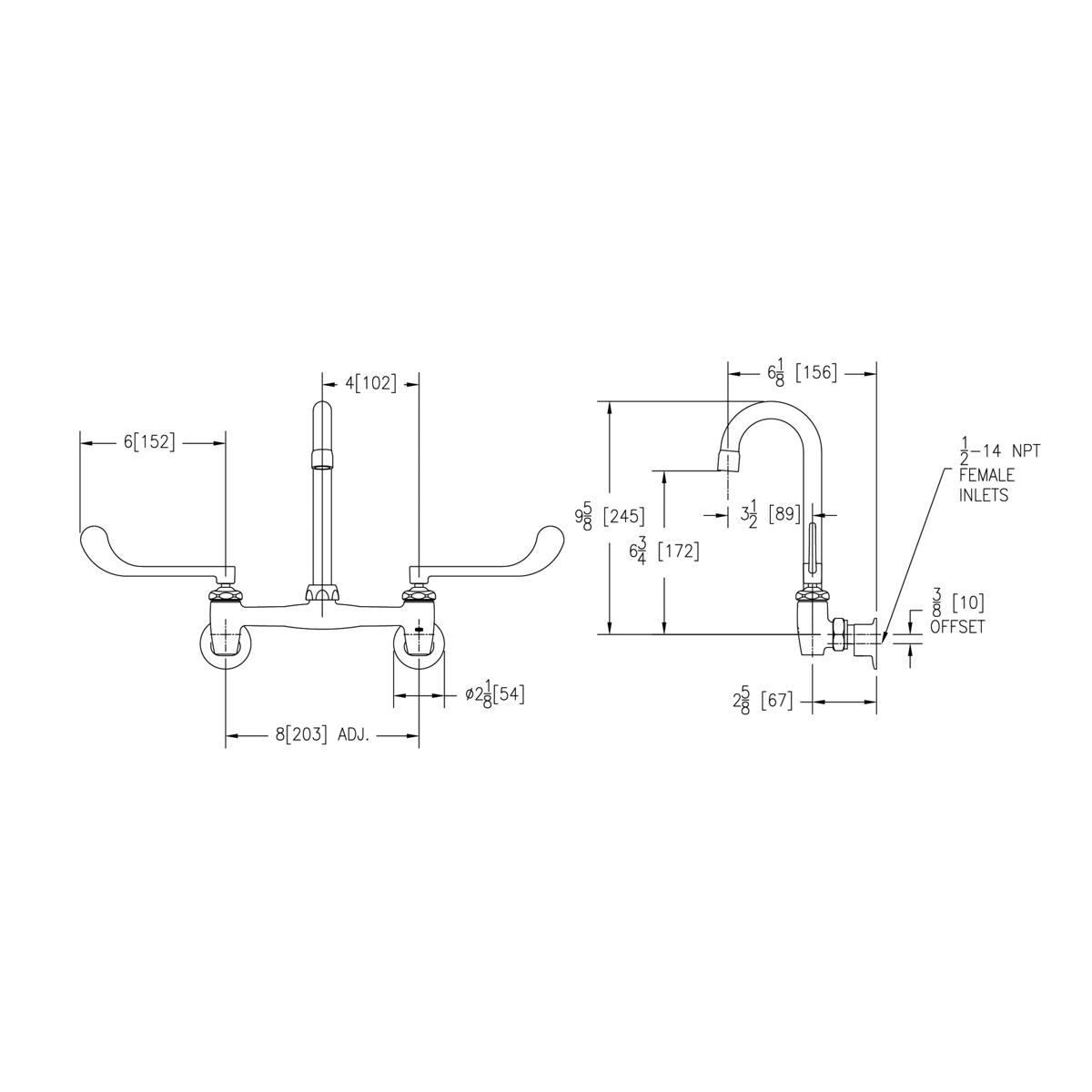 Wall-mounted faucet with curved wristblade handles, gooseneck spout, and dimension specifications labeled.