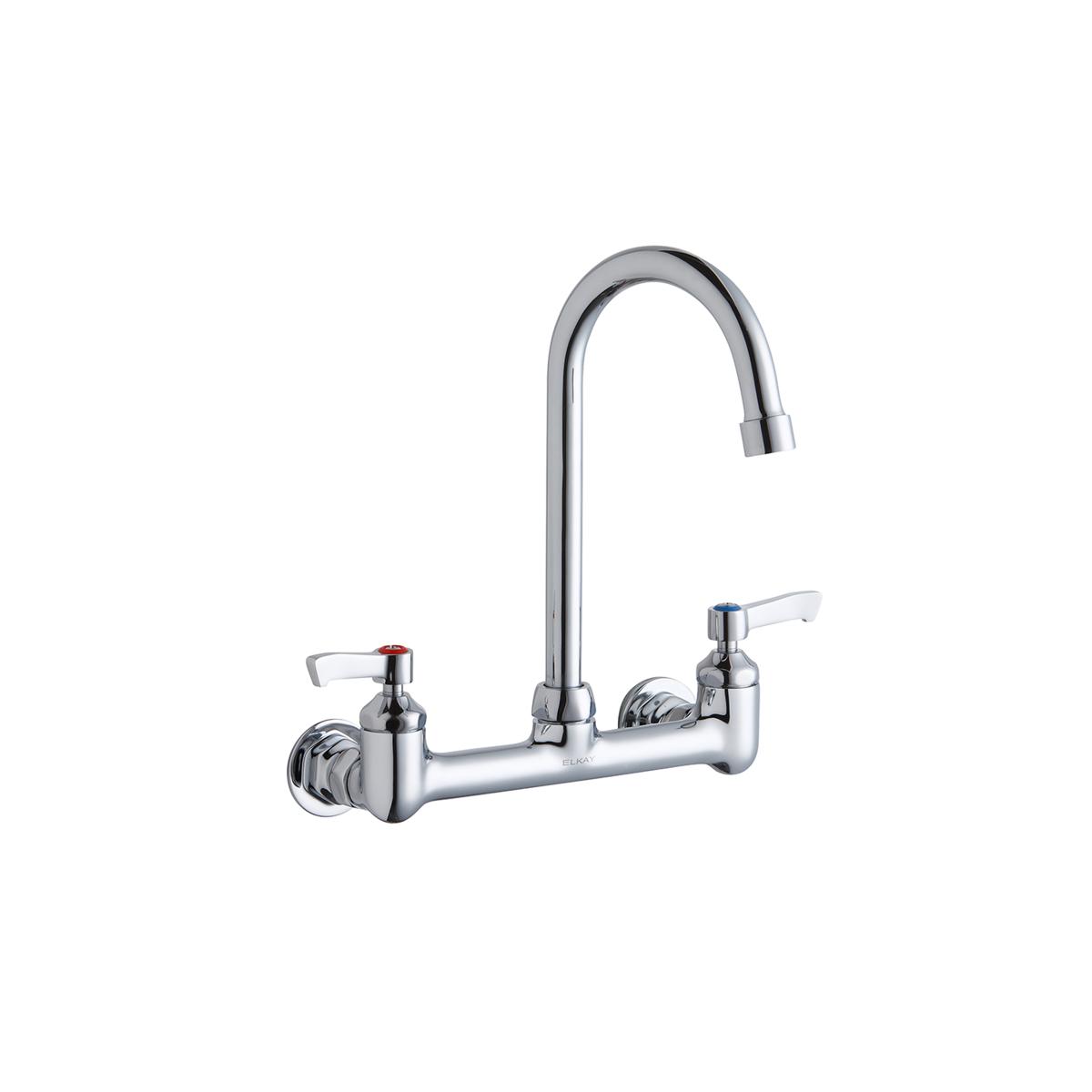 Chrome wall-mount faucet with curved gooseneck spout and two lever handles on either side.
