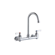 Chrome wall-mount faucet with curved gooseneck spout and two lever handles on either side.