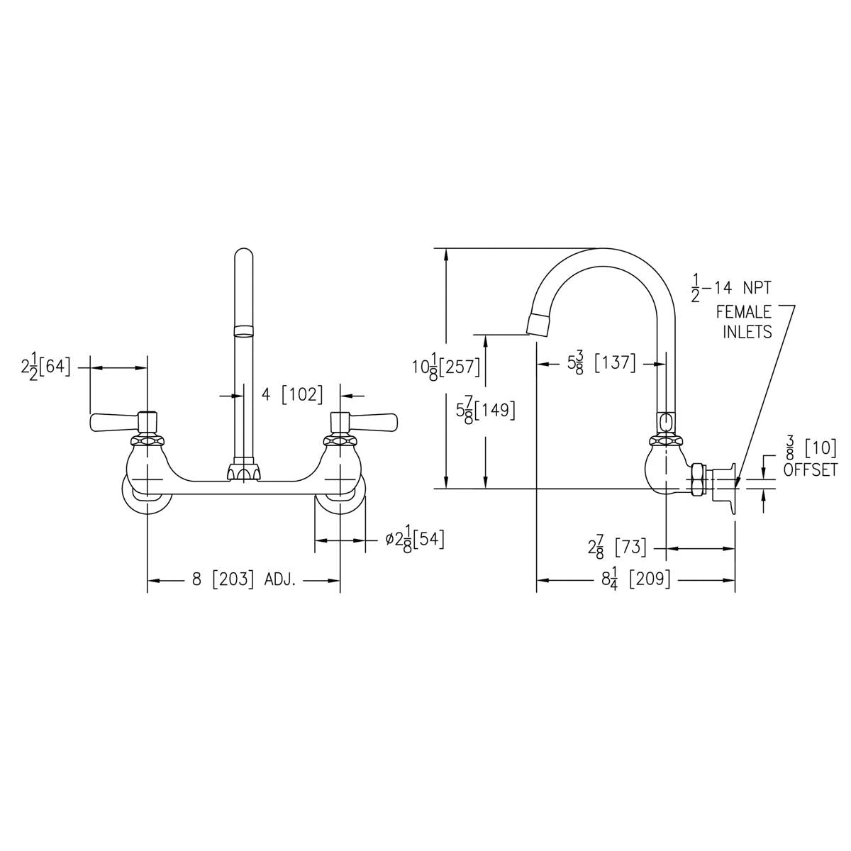Wall-mounted faucet with gooseneck spout, two lever handles, and technical dimension specifications labeled.