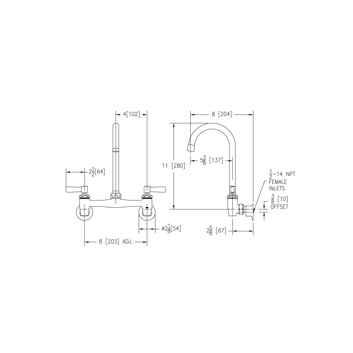 Wall-mount faucet with gooseneck spout, dual lever handles, and dimensional specifications for centerset installation.