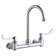 Chrome wall-mount faucet with curved gooseneck spout and white wristblade handles on either side.
