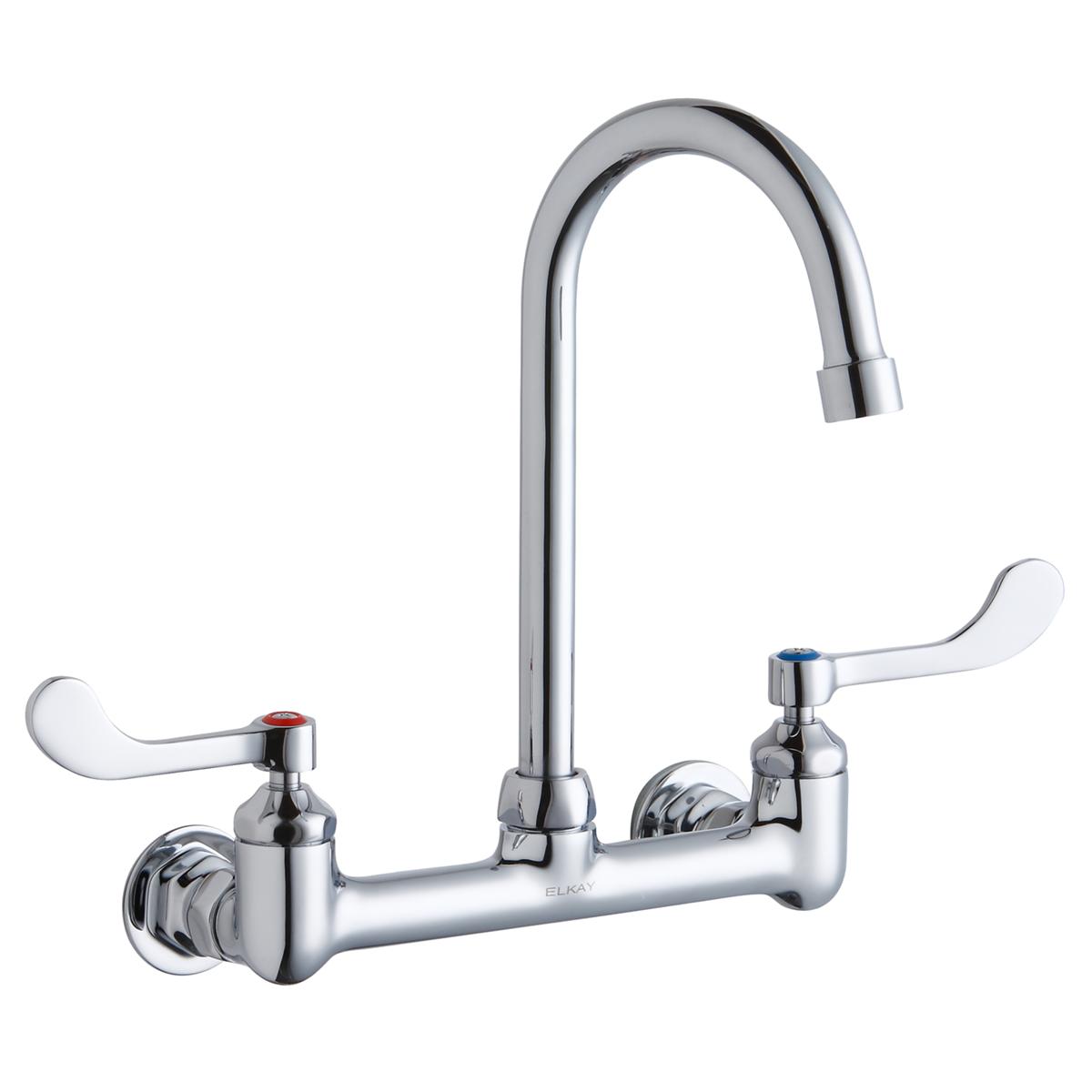 Chrome wall-mount faucet with curved gooseneck spout and white wristblade handles on either side.