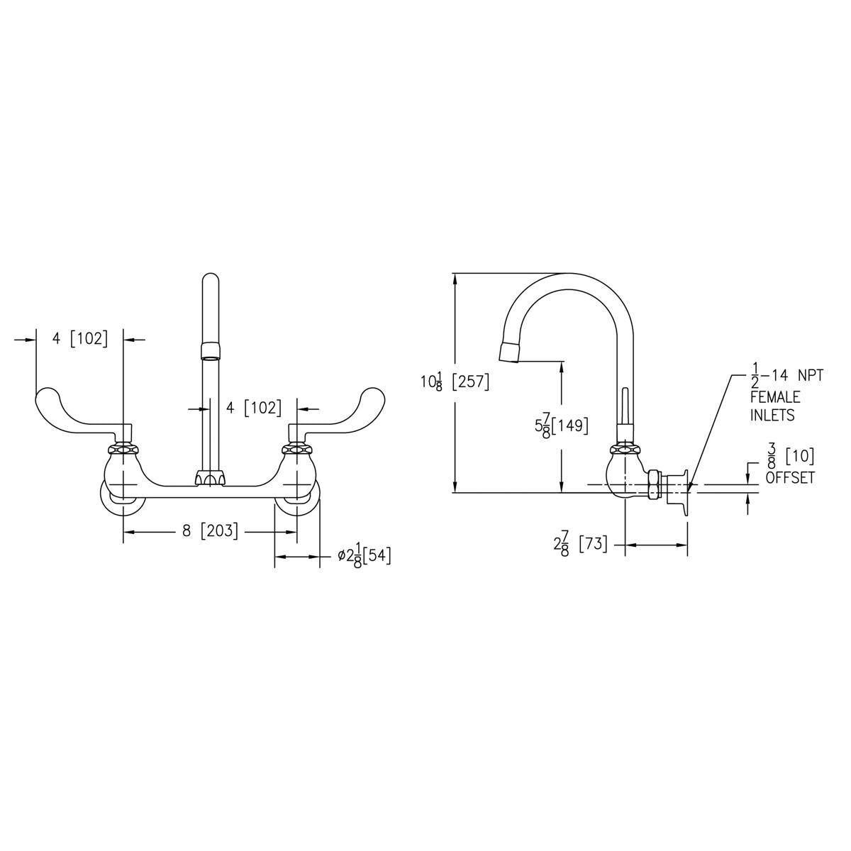 Wall-mount faucet with curved gooseneck spout, wristblade handles, and technical dimension specifications shown in schematic 