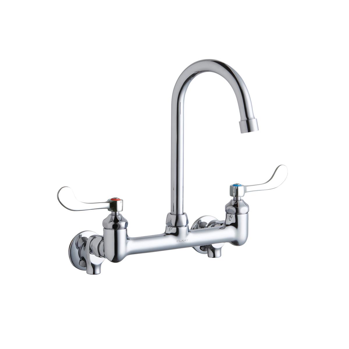 Chrome wall-mount faucet with gooseneck spout and wristblade handles on either side.