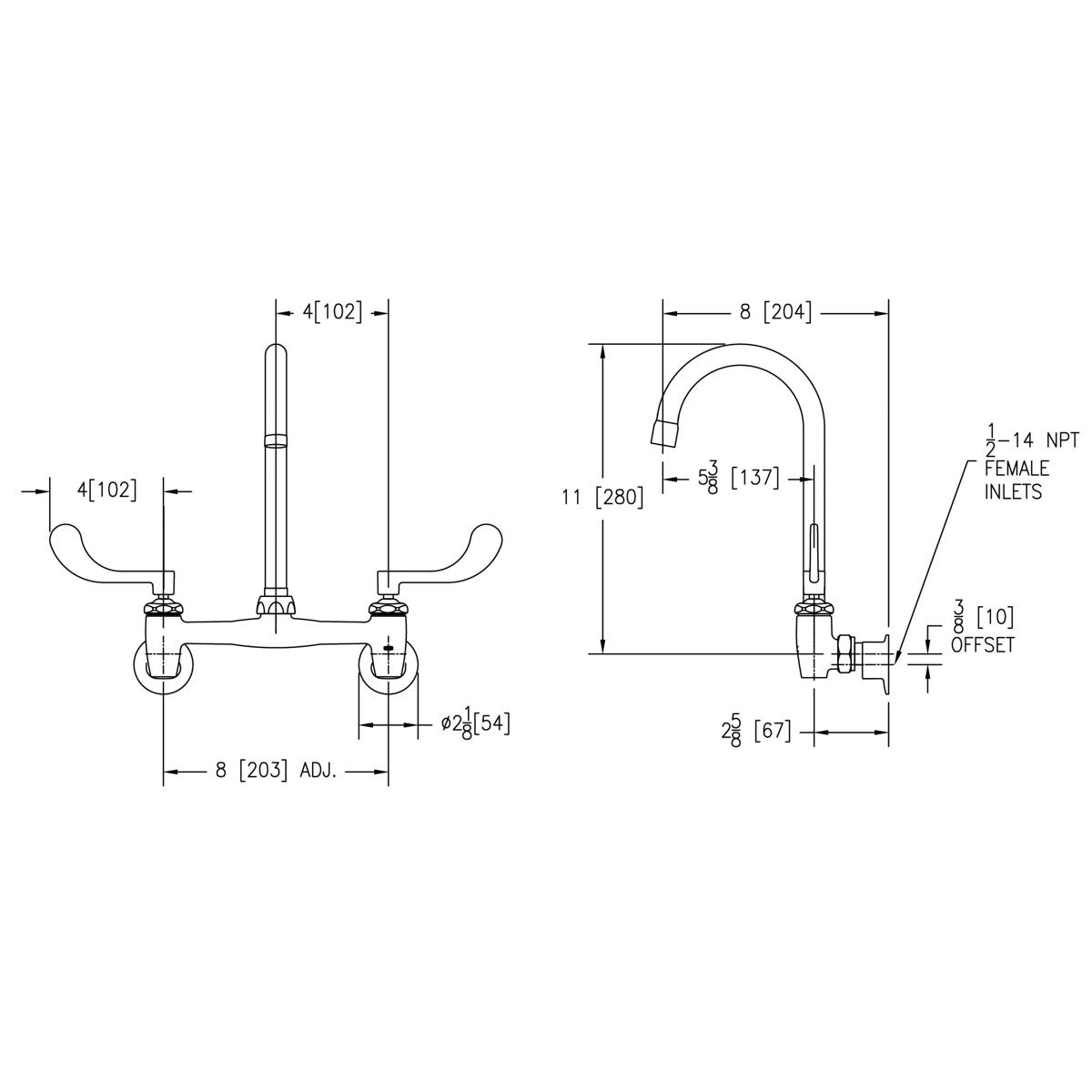 Technical schematic drawing of wall-mounted faucet with gooseneck spout, wristblade handles, and dimension measurements.