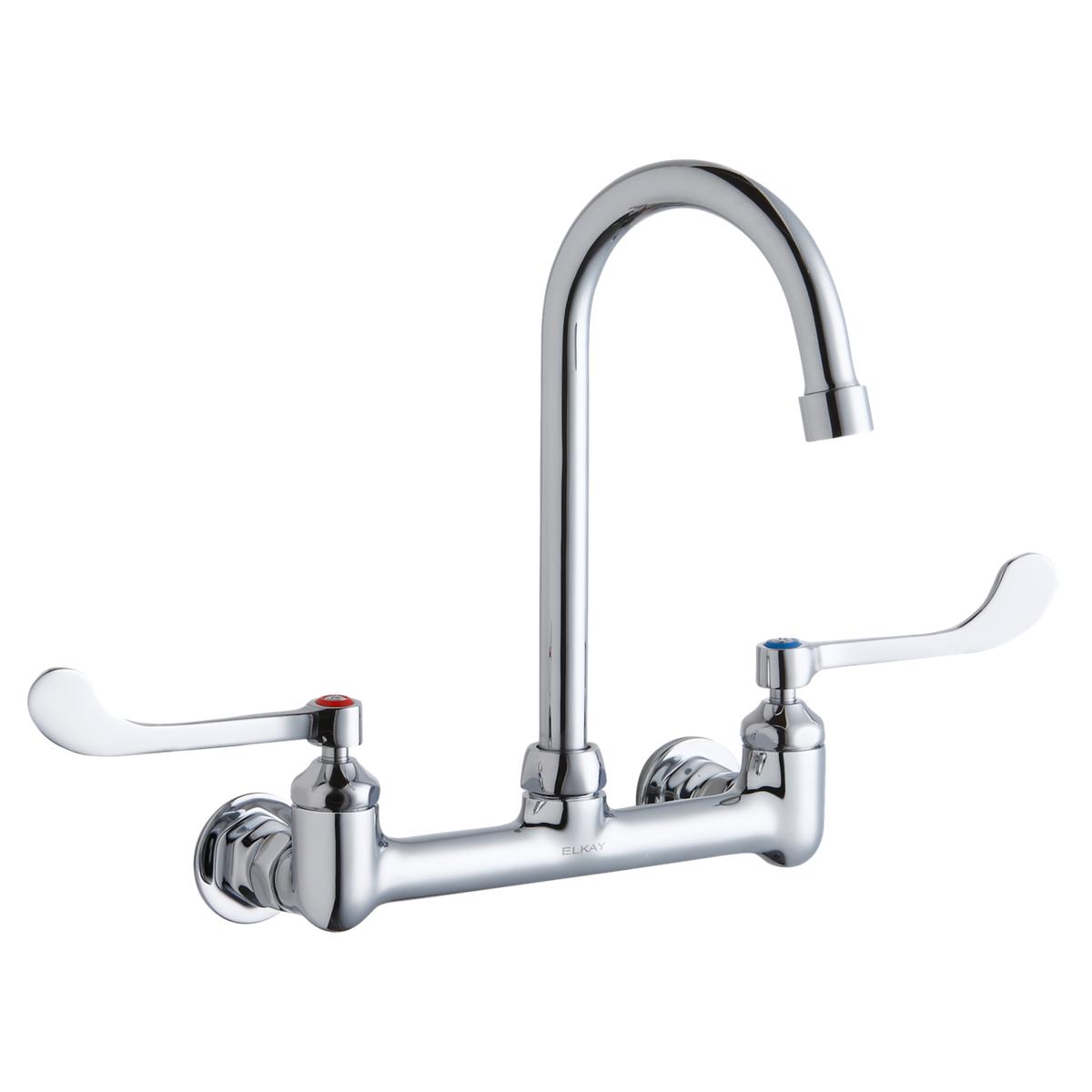 Chrome wall-mount faucet with gooseneck spout and white wristblade handles on either side.