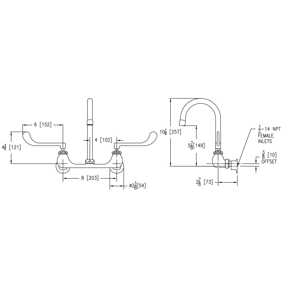 Wall-mounted faucet with curved gooseneck spout, wristblade handles, and measurement dimensions marked.