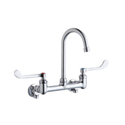 Chrome wall-mounted faucet with curved gooseneck spout and two white wristblade handles.
