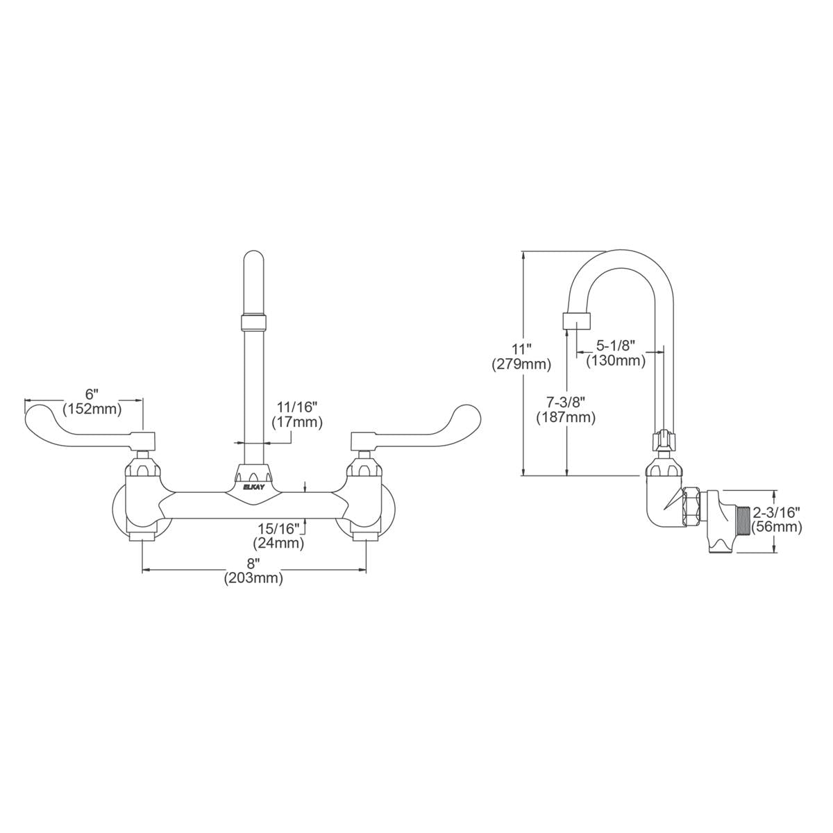 Wall-mount faucet with 8" centerset, gooseneck spout, wristblade handles, and offset inlets shown in technical diagram with d