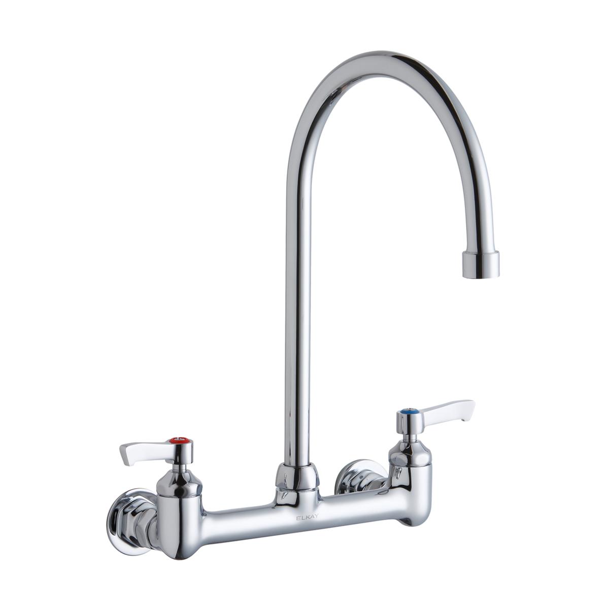 Chrome wall-mount faucet with tall curved spout and two lever handles on horizontal base.
