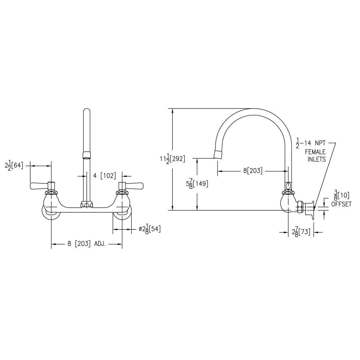 Wall-mounted faucet with gooseneck spout, two lever handles, and dimensional specifications shown in technical drawing.