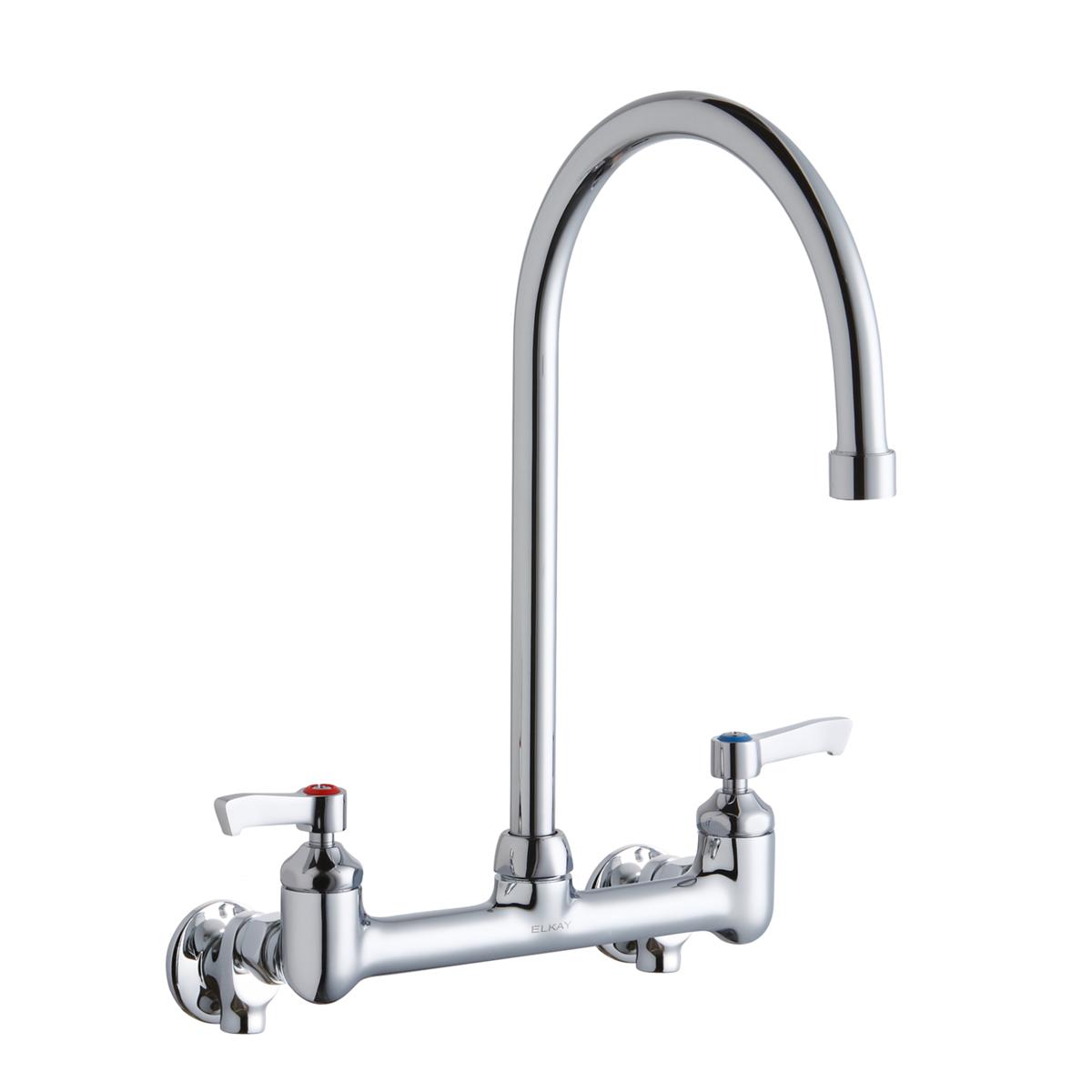Chrome wall-mount faucet with tall gooseneck spout and two lever handles for hot and cold water.