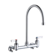 Chrome wall-mount faucet with tall gooseneck spout and two lever handles for hot and cold water.