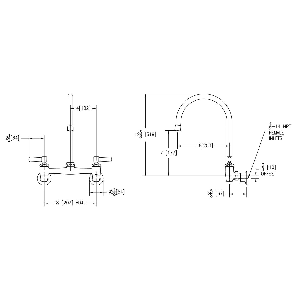 Wall-mount faucet with gooseneck spout, two lever handles, and dimensional specifications shown in technical drawings.