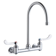 Chrome wall-mounted faucet with tall gooseneck spout and white wristblade handles on each side.