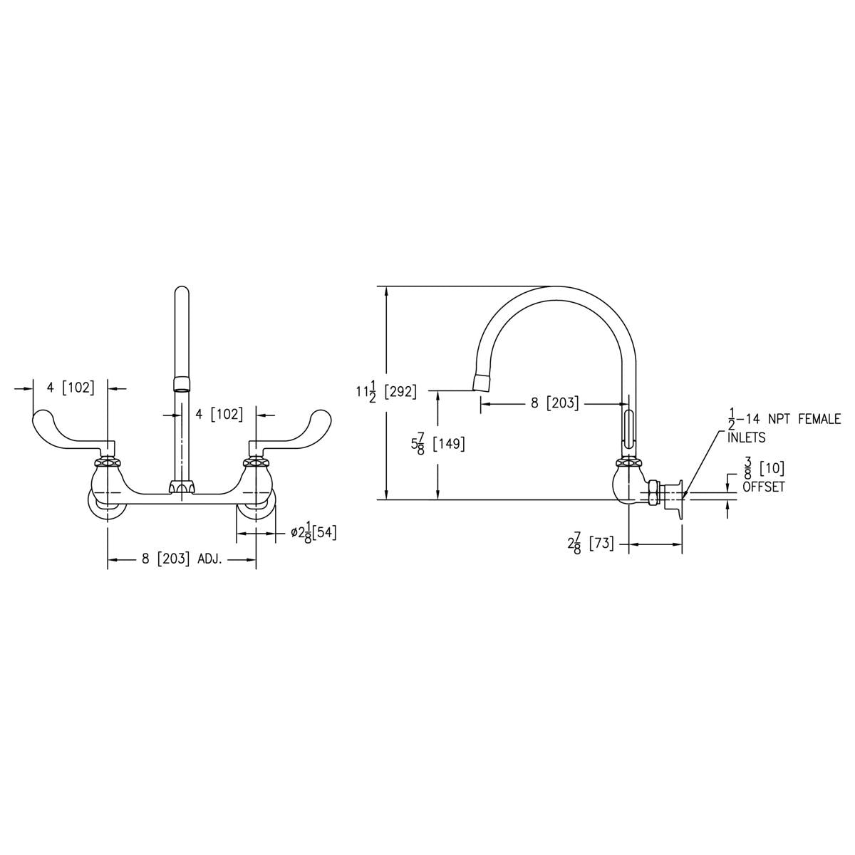 Technical drawing of wall-mount faucet with gooseneck spout, wristblade handles, and dimensional specifications.