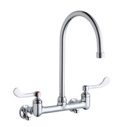 Chrome wall-mount faucet with tall gooseneck spout and two white wristblade handles on either side.