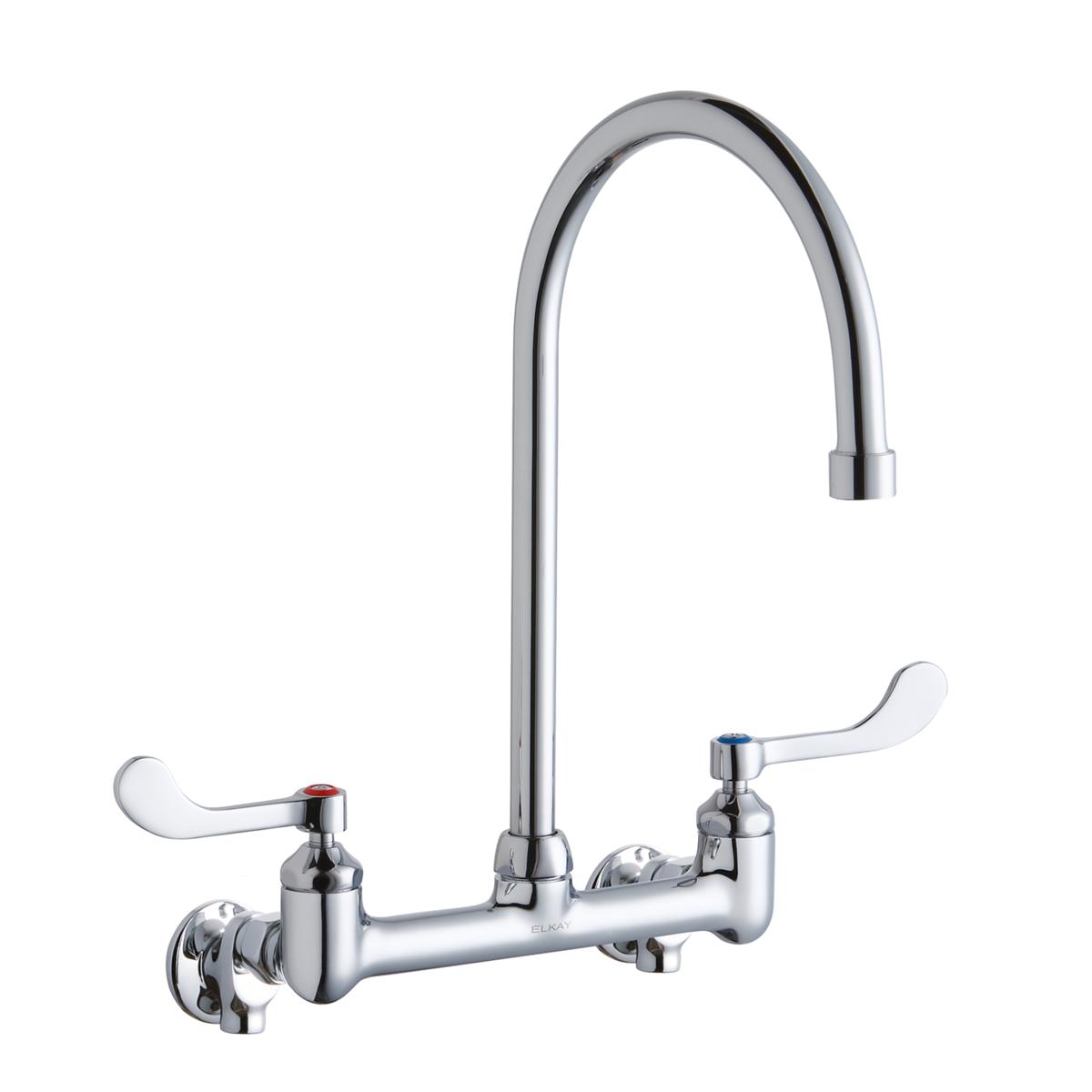 Chrome wall-mount faucet with tall gooseneck spout and two white wristblade handles on either side.