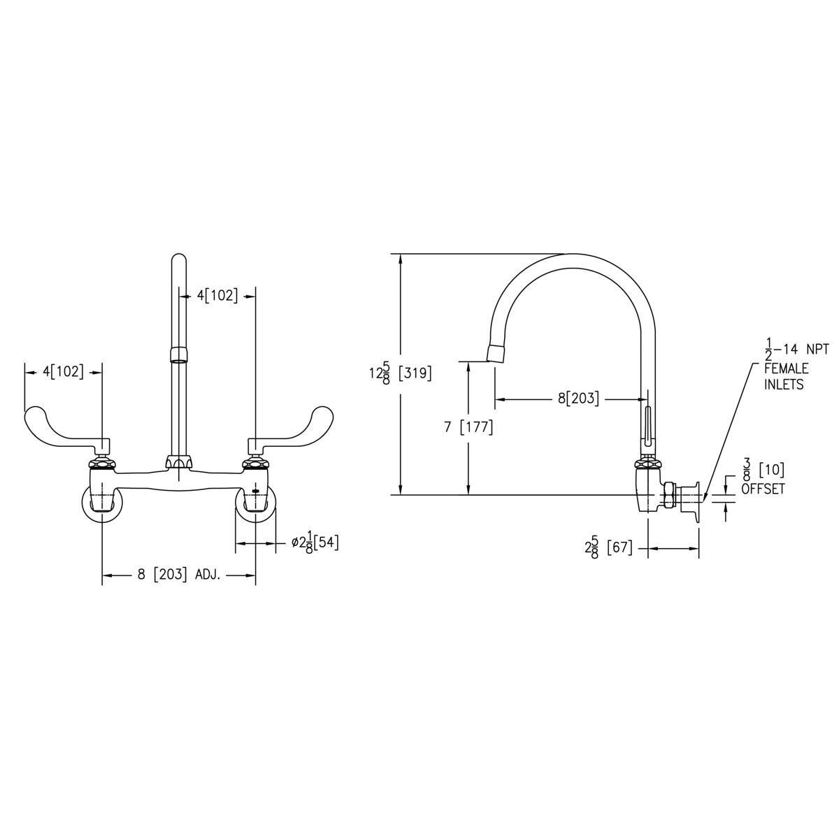 Wall-mounted faucet with curved gooseneck spout, wristblade handles, and dimension specifications labeled.