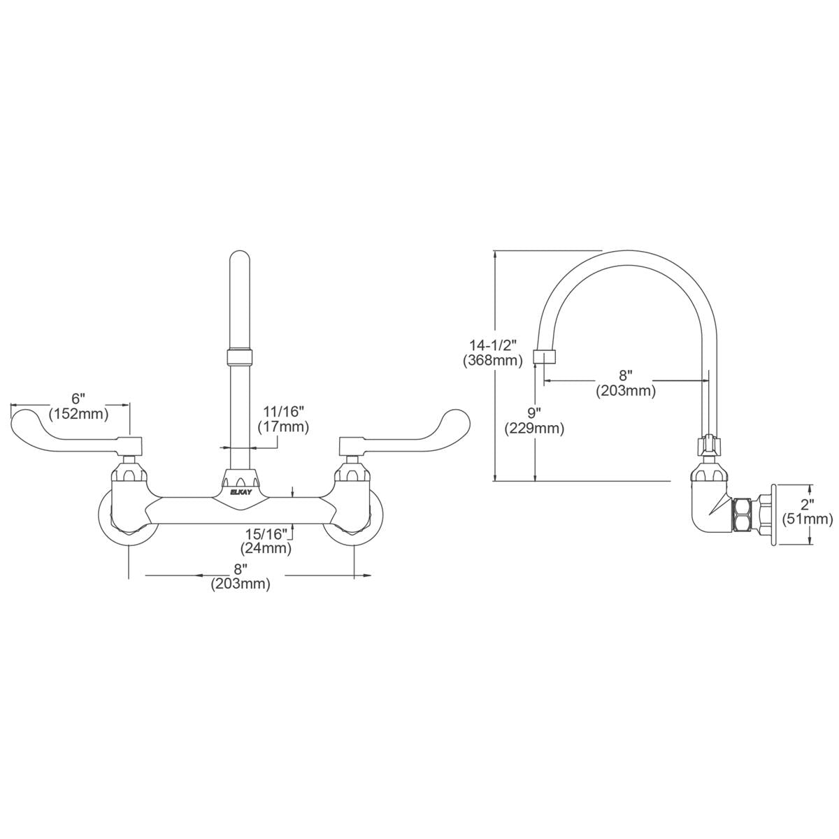 Wall-mounted faucet with 8-inch gooseneck spout, wristblade handles, and dimensional specifications shown in technical drawin