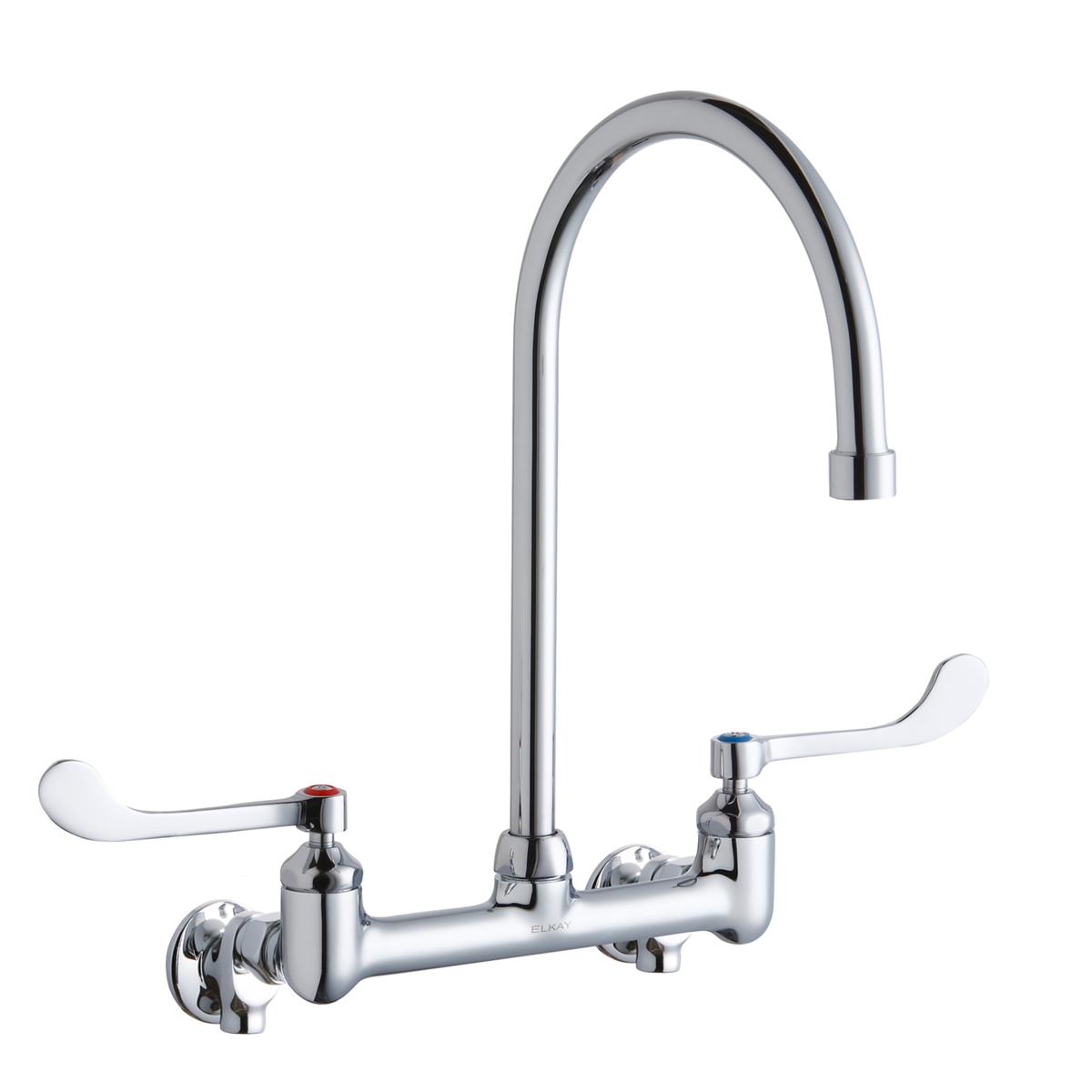 Chrome wall-mounted faucet with 8" gooseneck spout, dual white wristblade handles, and wall flanges.