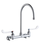 Chrome wall-mounted faucet with 8" gooseneck spout, dual white wristblade handles, and wall flanges.