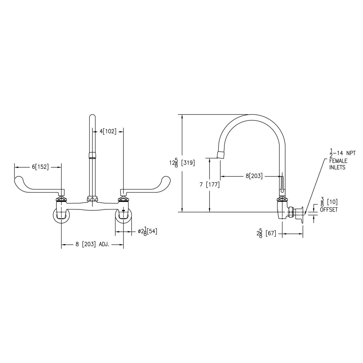 Technical drawing of wall-mounted faucet with gooseneck spout, wristblade handles, and dimension annotations.