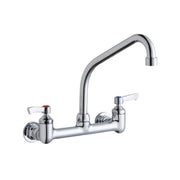 Chrome wall-mount faucet with high-arc spout and two lever handles for commercial foodservice use.