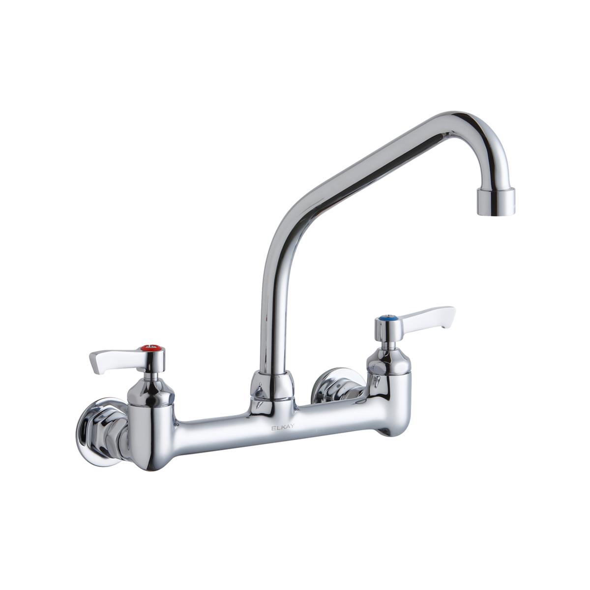 Chrome wall-mount faucet with high-arc spout and two lever handles for commercial foodservice use.
