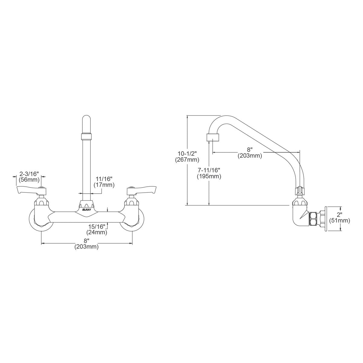 Chrome wall-mount faucet with high-arc spout, two lever handles, and dimension measurements shown in technical drawings.