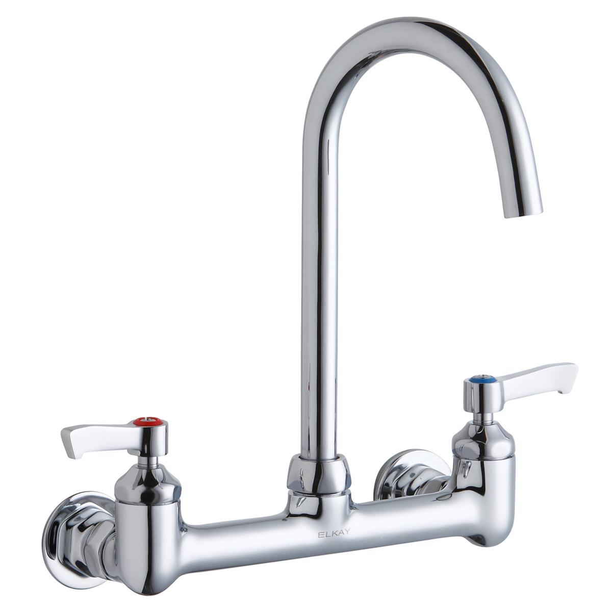 Chrome deck-mount faucet with curved gooseneck spout and two white lever handles with color-coded indicators.