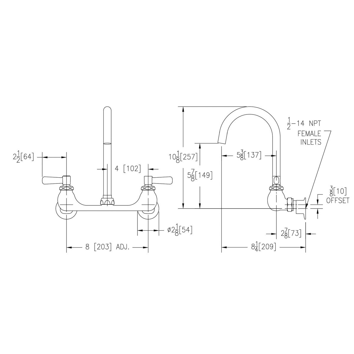 Chrome deck mount faucet with gooseneck spout, two lever handles, and technical dimension specifications shown.