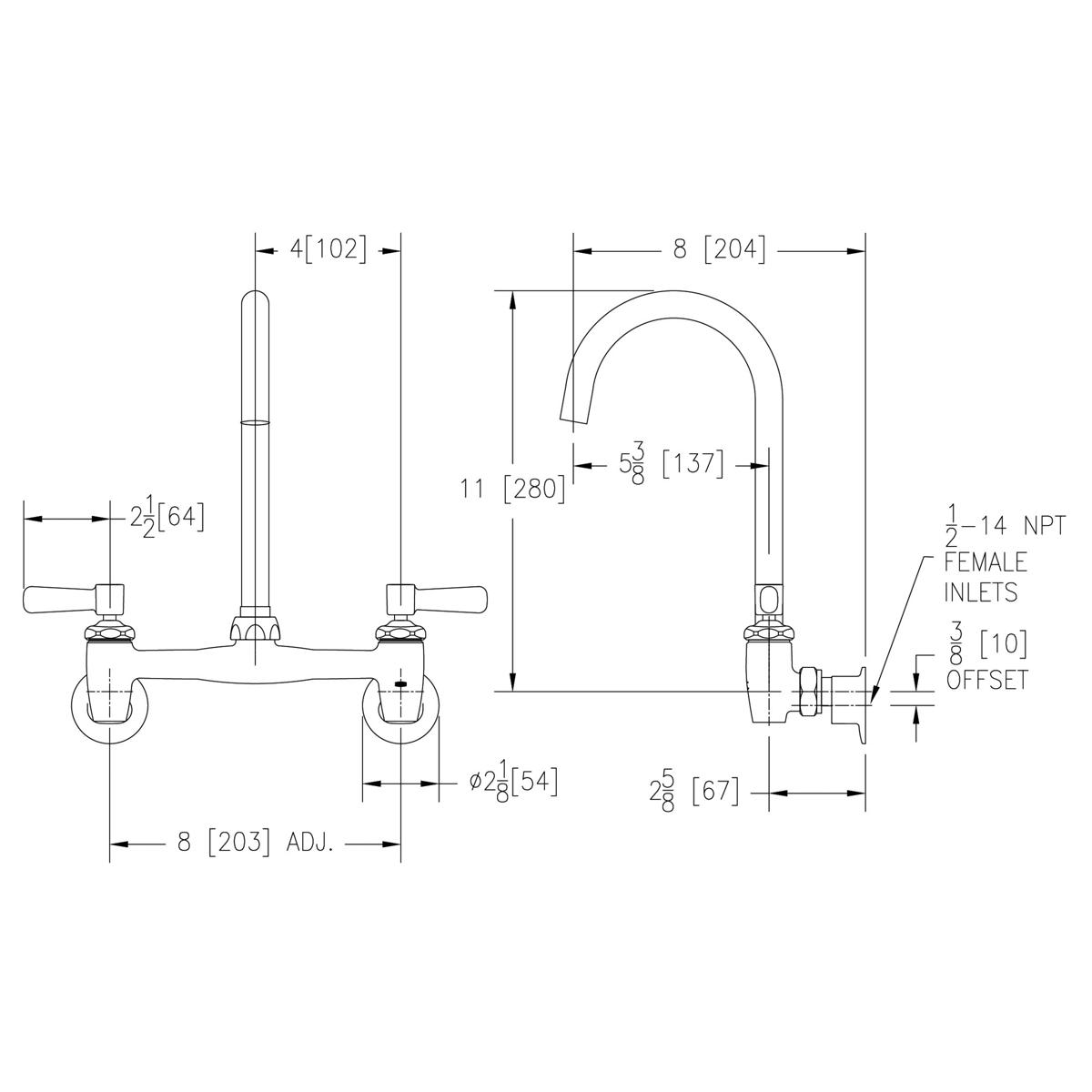 Technical specification diagram of a chrome deck-mount faucet with curved gooseneck spout, two lever handles, and labeled mea