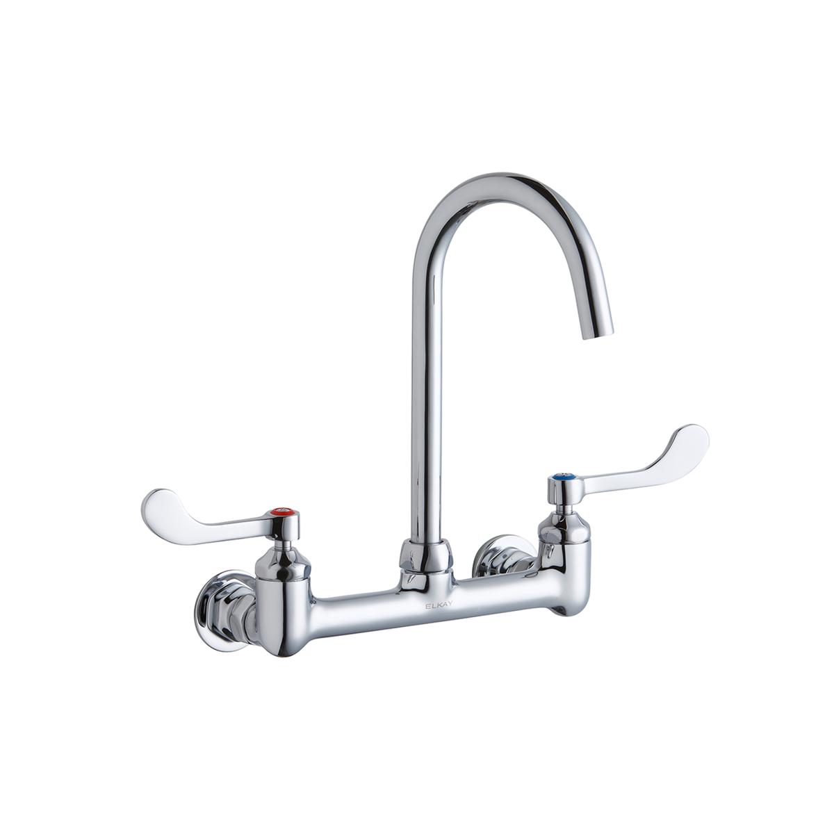 Chrome deck-mount faucet with gooseneck spout and white wristblade handles on either side.